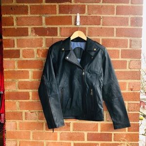 Dark blue leather and black wool jacket 1of a kind